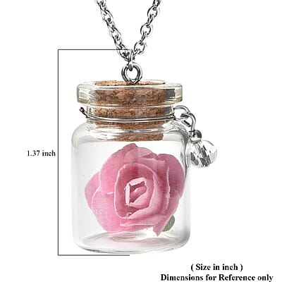 Pink Rose in Openable Glass Bottle Pendant Necklace 20 Inches with Charm in Stainless Steel
