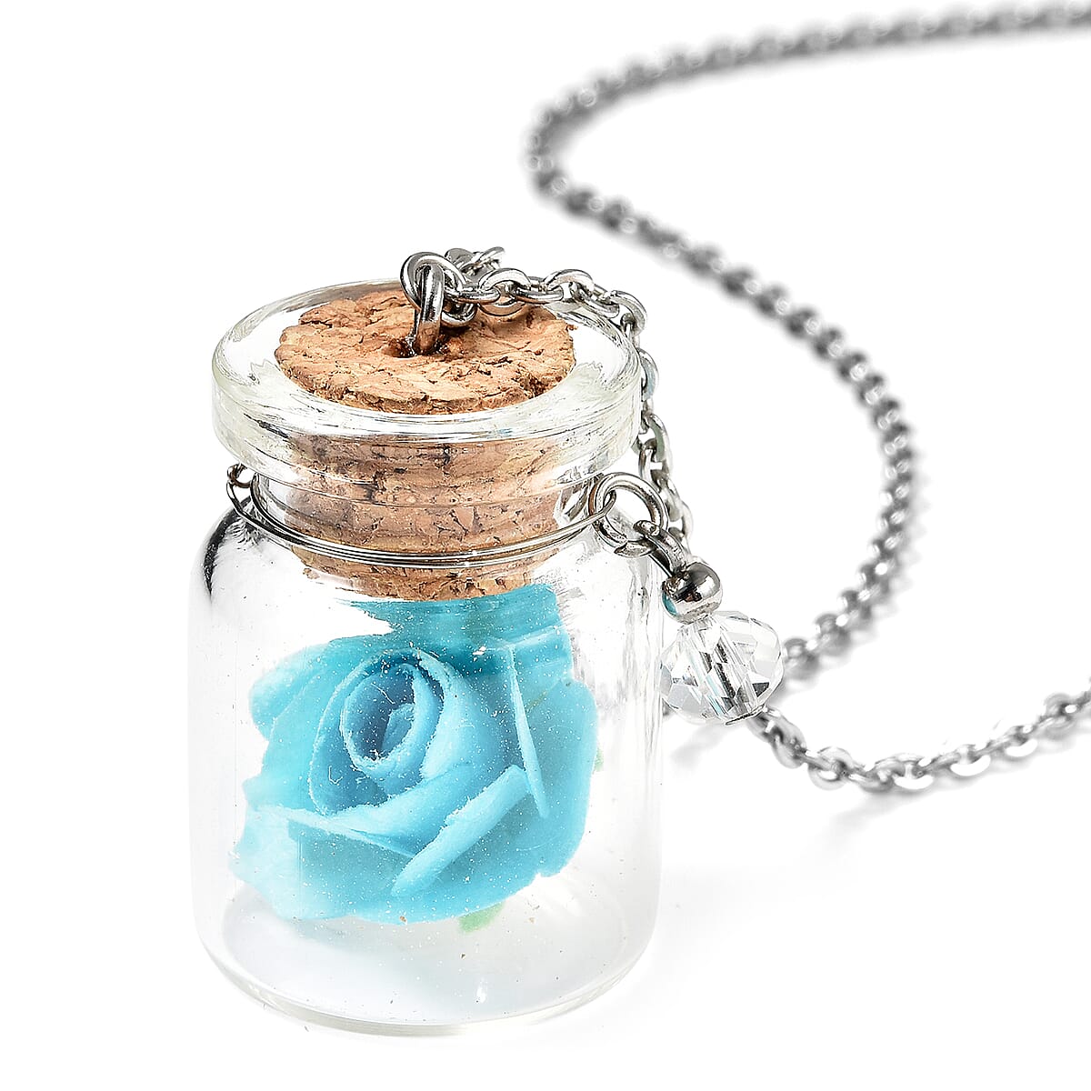 Blue Rose in Openable Glass Bottle Pendant Necklace 20 Inches with Charm in Stainless Steel image number 3
