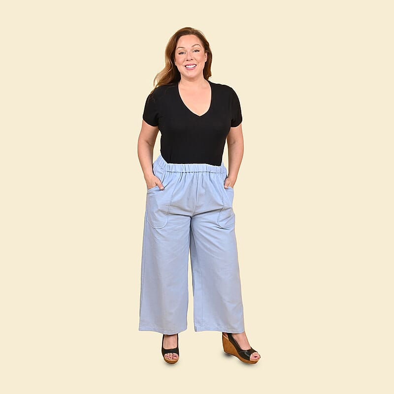 Tamsy Indigo 100% Cotton Chambray Wide Leg Palazzo -L