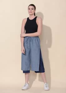 Tamsy Blue 100% Cotton Wide Leg Trouser with Lining -L