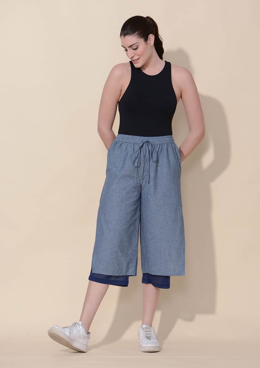 Tamsy Blue 100% Cotton Wide Leg Trouser with Lining -L image number 2