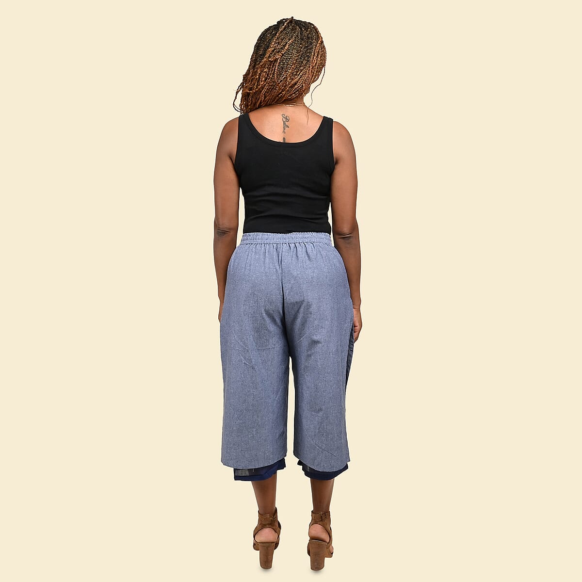 Tamsy Blue 100% Cotton Wide Leg Trouser with Lining -3X image number 1