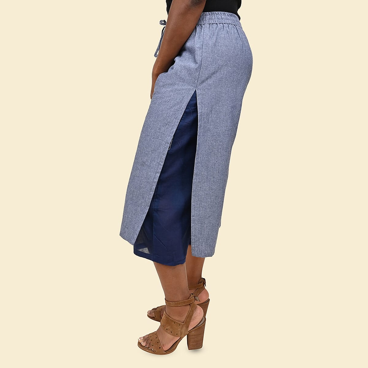 Tamsy Blue 100% Cotton Wide Leg Trouser with Lining -3X image number 3