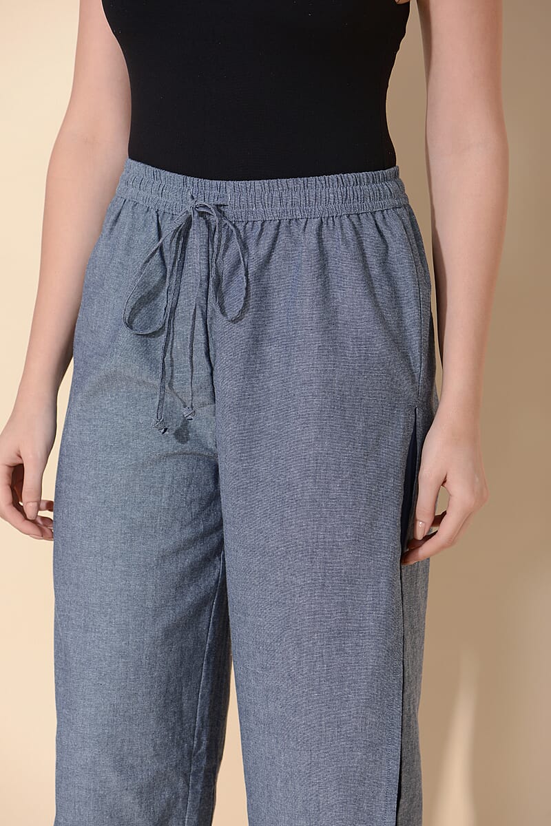 Tamsy Blue 100% Cotton Wide Leg Trouser with Lining -3X image number 4