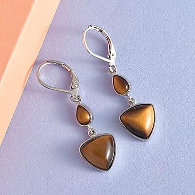 South African Tiger's Eye Fancy Earrings in Platinum Over Copper 8.50 ctw