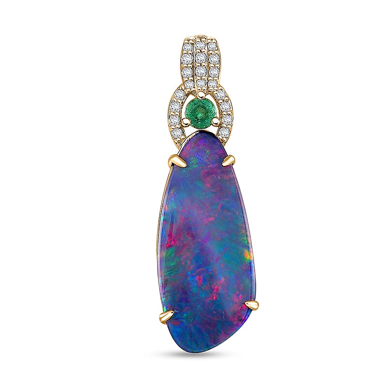 Luxoro AAA Boulder Opal Doublet and Boyaca Colombian Emerald, White Diamond I2 4.70 ctw Glacier Reflection Pendant without Chain in 14K Yellow Gold