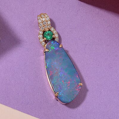 Luxoro AAA Boulder Opal Doublet and Boyaca Colombian Emerald, White Diamond I2 4.70 ctw Glacier Reflection Pendant without Chain in 14K Yellow Gold