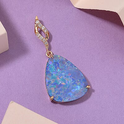 Luxoro AAA Boulder Opal Doublet and I2 Diamond 5.20 ctw Pendant without Chain in 14K Yellow Gold