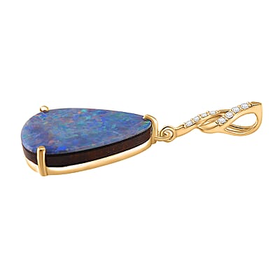 Luxoro AAA Boulder Opal Doublet and I2 Diamond 5.20 ctw Pendant without Chain in 14K Yellow Gold