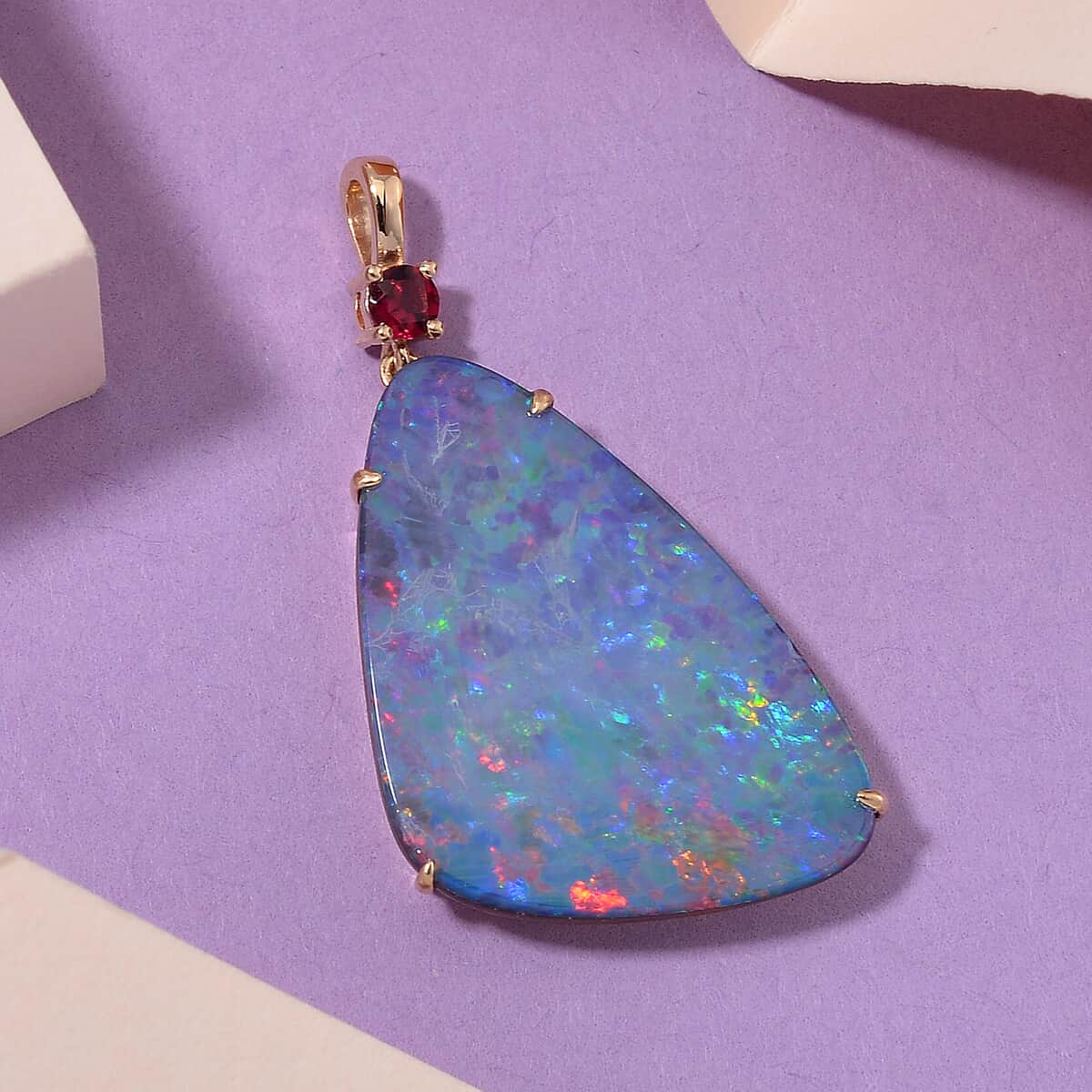 Luxoro AAA Boulder Opal Doublet and Ouro Fino Rubellite 10.80 ctw Cosmic Stars Pendant in 14K Yellow Gold  image number 1