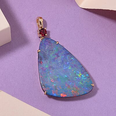Luxoro AAA Boulder Opal Doublet and Ouro Fino Rubellite 10.80 ctw Cosmic Stars Pendant in 14K Yellow Gold 