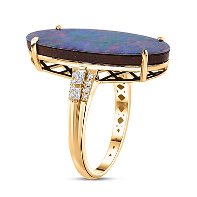 Luxoro AAA Boulder Opal Doublet and I2 Diamond 7.50 ctw Ring in 14K Yellow Gold (Size 7.0)