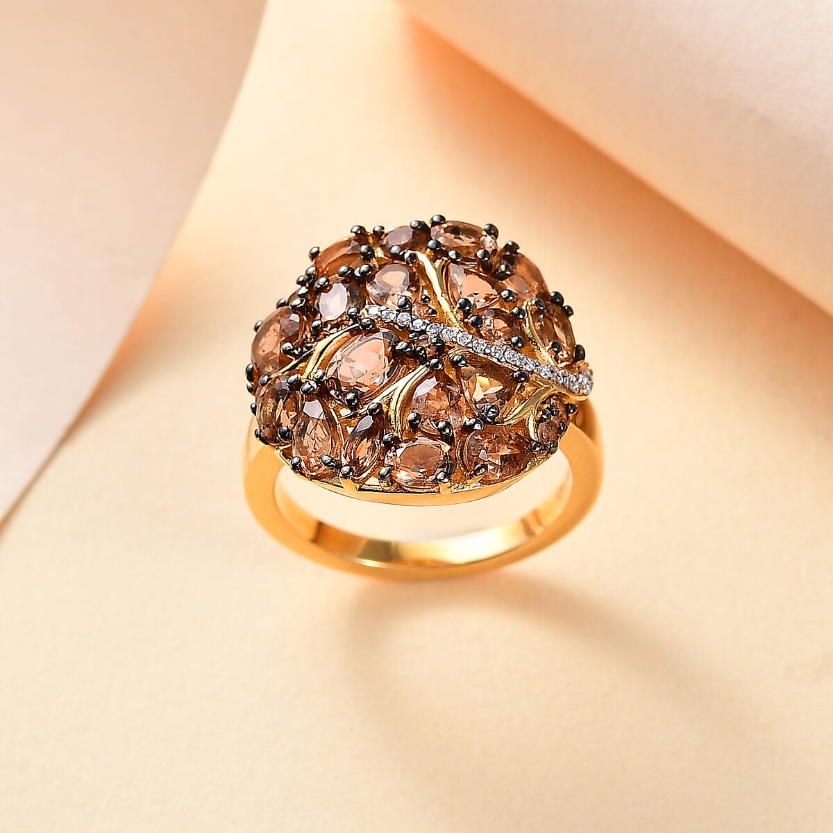 Jenipapo Andalusite and Moissanite 3.15 ctw Leaf Ring in 18K Vermeil Yellow Gold Over Sterling Silver (Size 9.0) image number 1