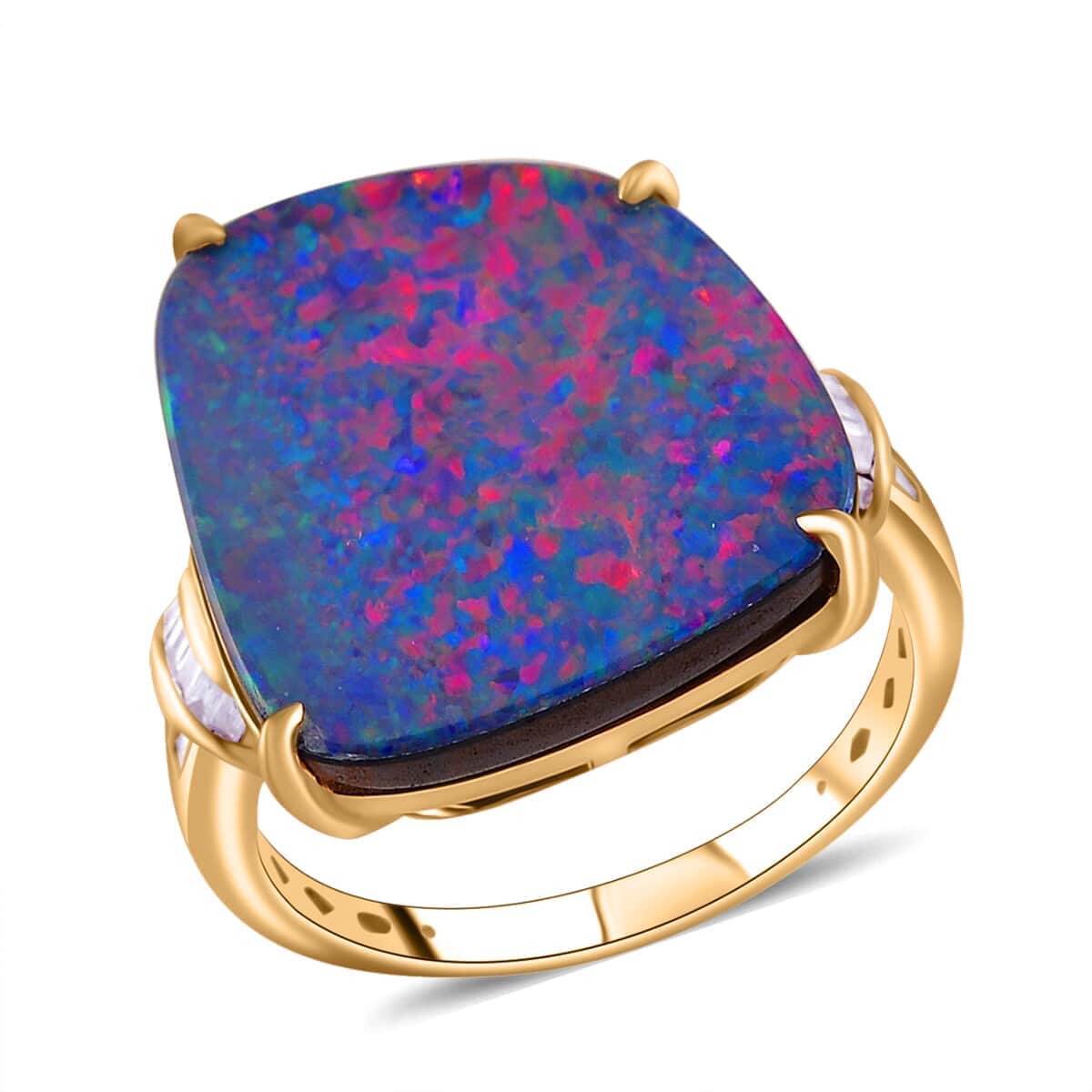 Luxoro AAA Boulder Opal Doublet and G-H I2 Diamond 9.00 ctw Ring in 14K Yellow Gold (Size 6.0) image number 0