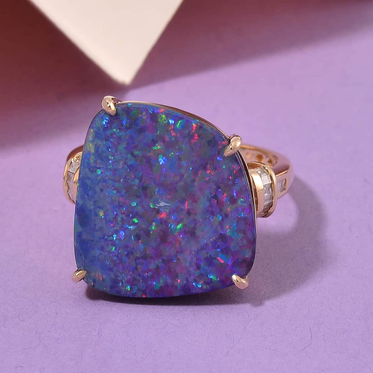 Luxoro AAA Boulder Opal Doublet and G-H I2 Diamond 9.00 ctw Ring in 14K Yellow Gold (Size 6.0) image number 1