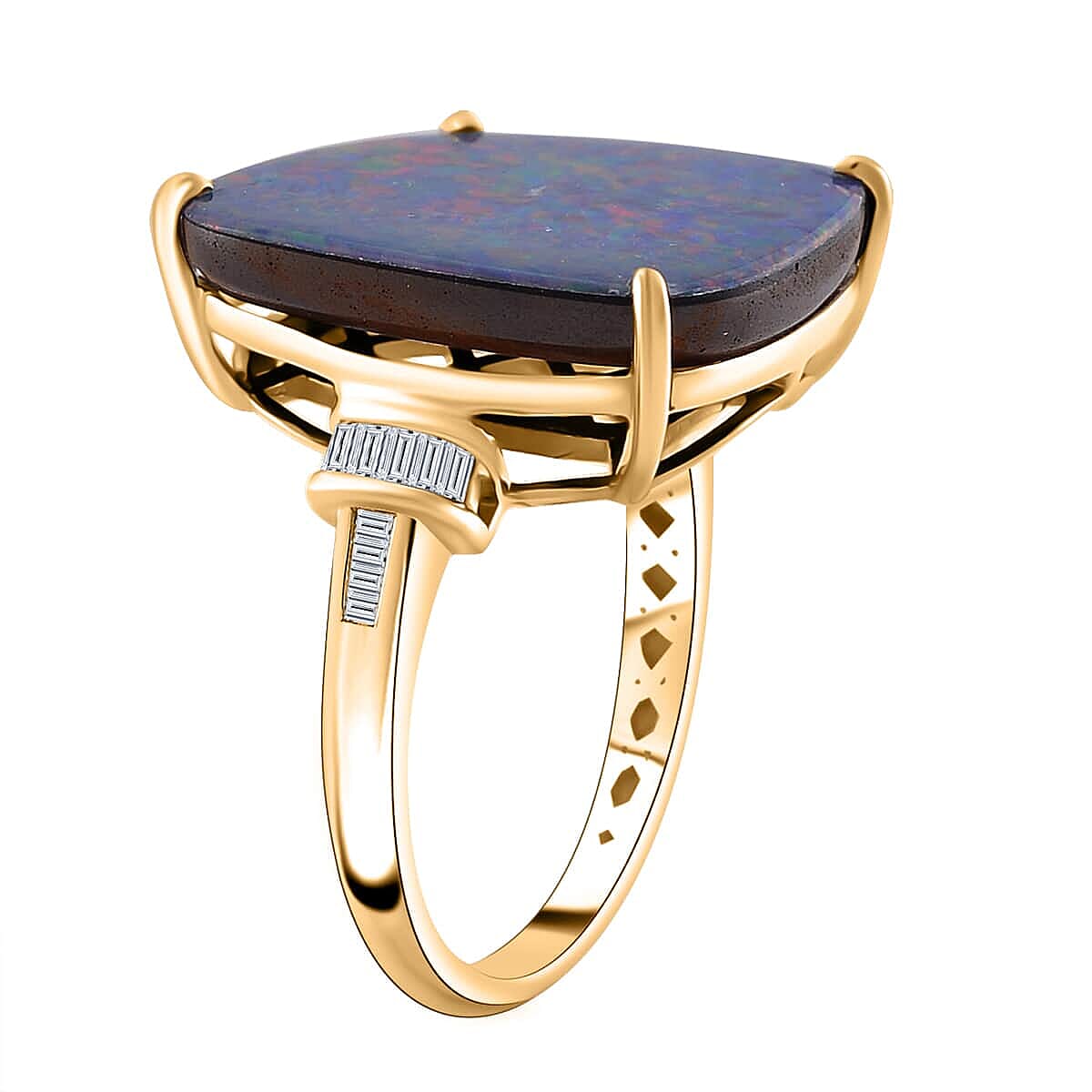 Luxoro AAA Boulder Opal Doublet and G-H I2 Diamond 9.00 ctw Ring in 14K Yellow Gold (Size 6.0)