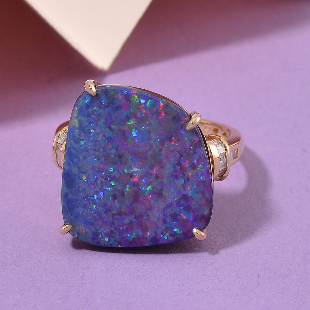 Luxoro AAA Boulder Opal Doublet and G-H I2 Diamond 9.00 ctw Ring in 14K Yellow Gold (Size 7.0) image number 1