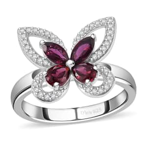 Premium Anthill Garnet and White Zircon 1.00 ctw Butterfly Ring in Rhodium Over Sterling Silver (Size 10.0)