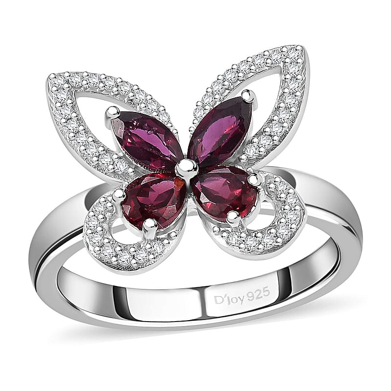Premium Anthill Garnet and White Zircon 1.00 ctw Butterfly Ring in Rhodium Over Sterling Silver (Size 10.0)