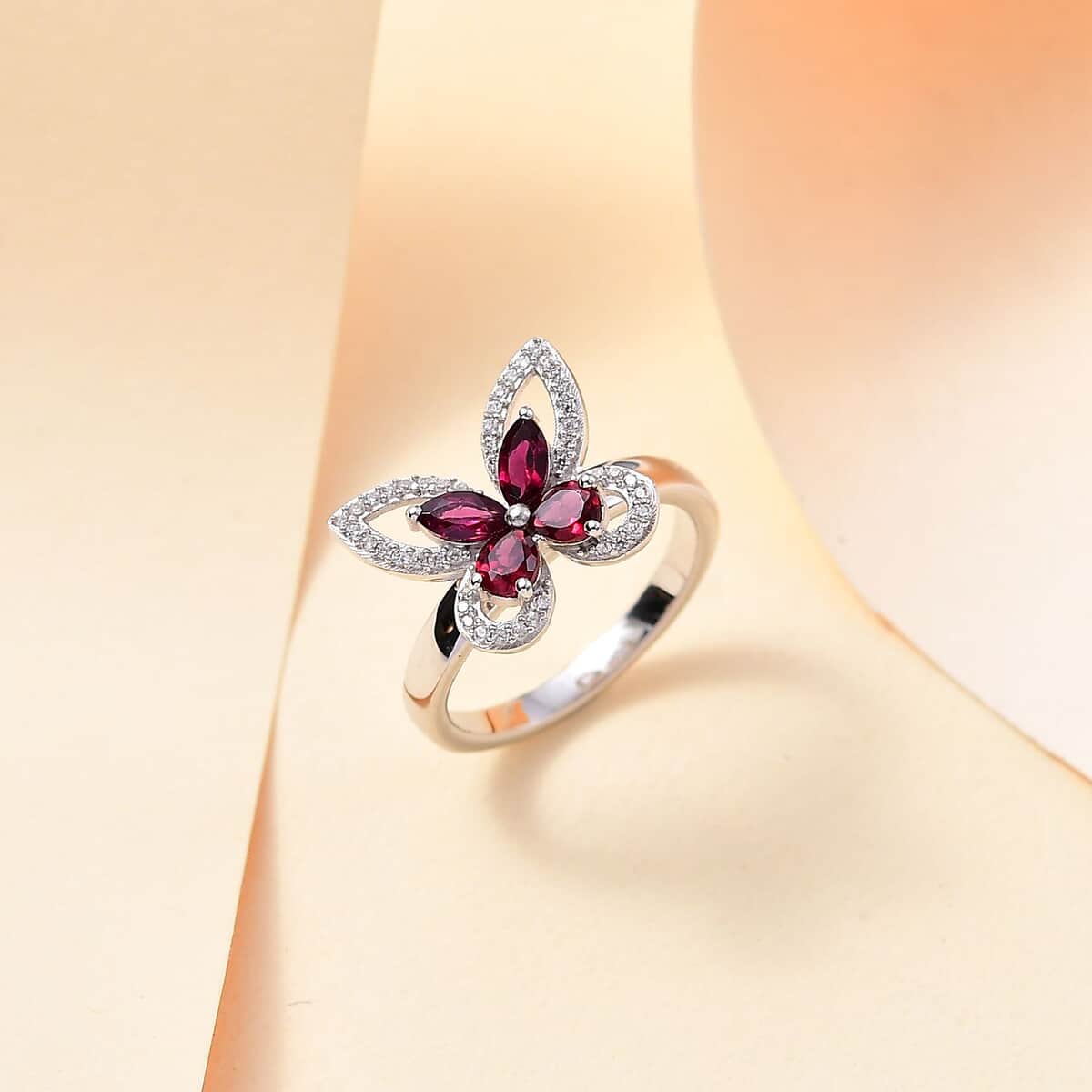 Premium Anthill Garnet and White Zircon 1.00 ctw Butterfly Ring in Rhodium Over Sterling Silver (Size 10.0) image number 1