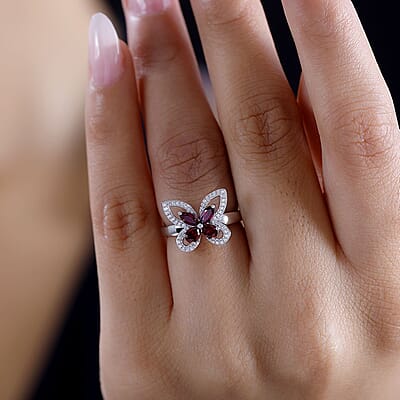 Premium Anthill Garnet and White Zircon 1.00 ctw Butterfly Ring in Rhodium Over Sterling Silver (Size 10.0)