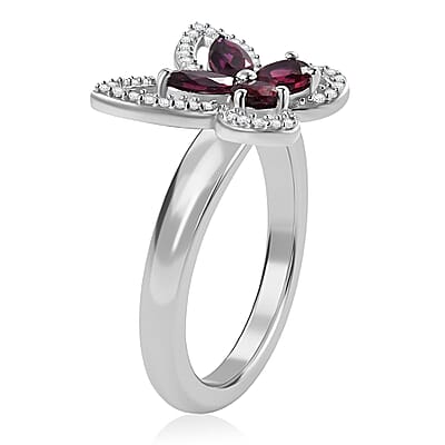 Premium Anthill Garnet and White Zircon 1.00 ctw Butterfly Ring in Rhodium Over Sterling Silver (Size 10.0)
