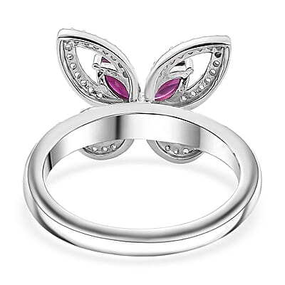Premium Anthill Garnet and White Zircon 1.00 ctw Butterfly Ring in Rhodium Over Sterling Silver (Size 10.0)