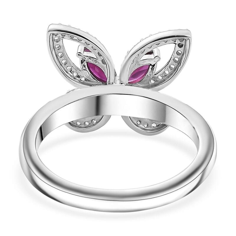 Premium Anthill Garnet and White Zircon 1.00 ctw Butterfly Ring in Rhodium Over Sterling Silver (Size 10.0)