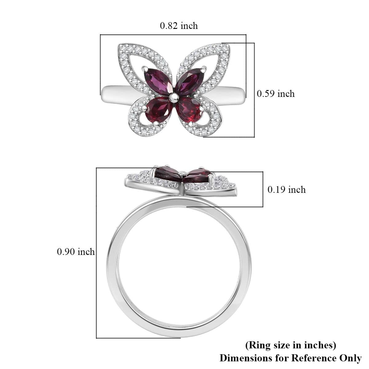 Premium Anthill Garnet and White Zircon 1.00 ctw Butterfly Ring in Rhodium Over Sterling Silver (Size 10.0) image number 5