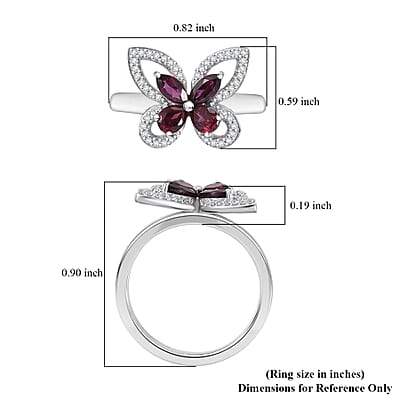 Premium Anthill Garnet and White Zircon 1.00 ctw Butterfly Ring in Rhodium Over Sterling Silver (Size 10.0)