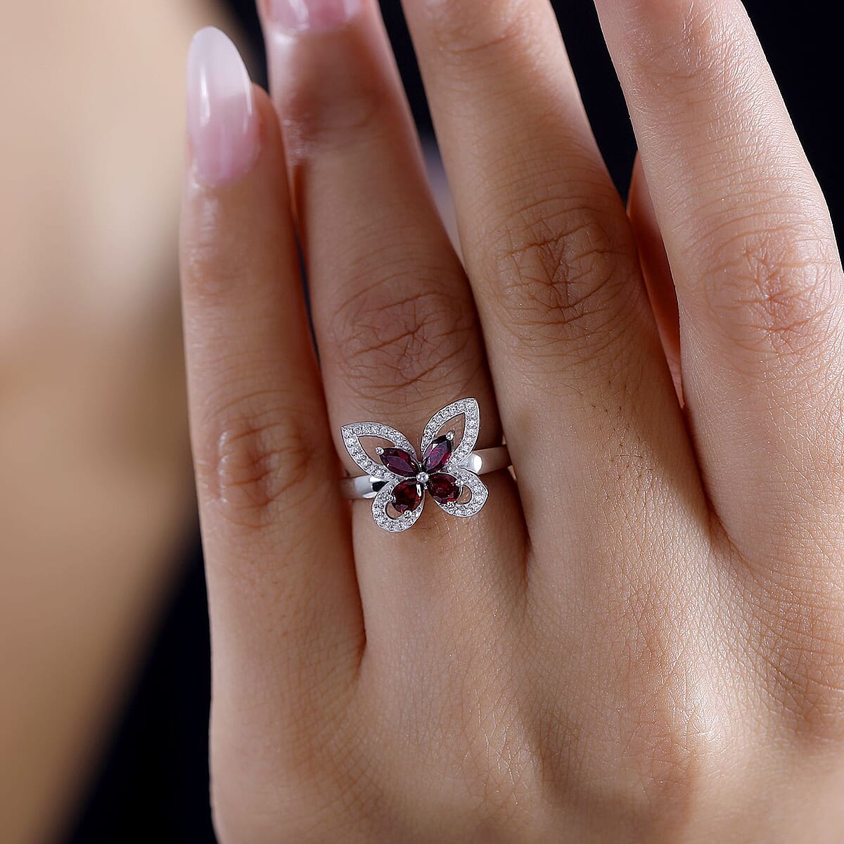 Premium Anthill Garnet and White Zircon 1.00 ctw Butterfly Ring in Rhodium Over Sterling Silver (Size 8.0) image number 2