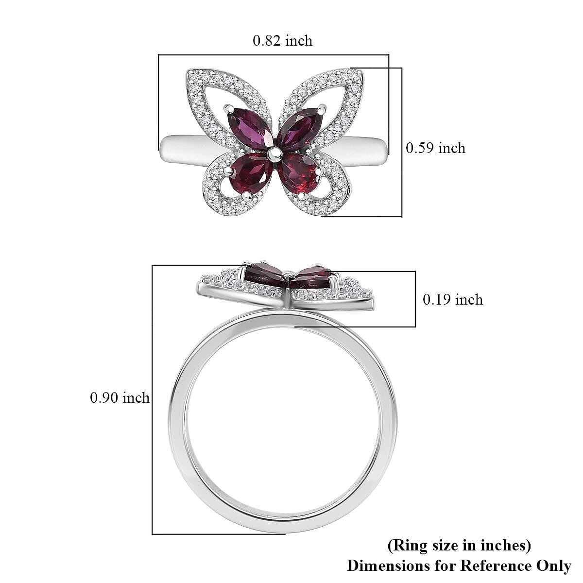 Premium Anthill Garnet and White Zircon 1.00 ctw Butterfly Ring in Rhodium Over Sterling Silver (Size 8.0) image number 5