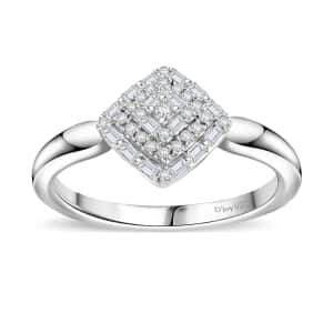 White Diamond 0.15 ctw Halo Cluster Ring in Rhodium Over Sterling Silver (Size 10.0)