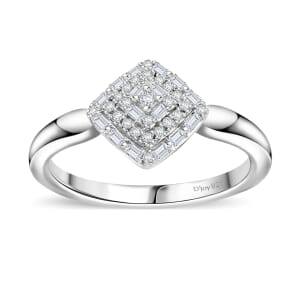 White Diamond 0.15 ctw Halo Cluster Ring in Rhodium Over Sterling Silver (Size 11.0)