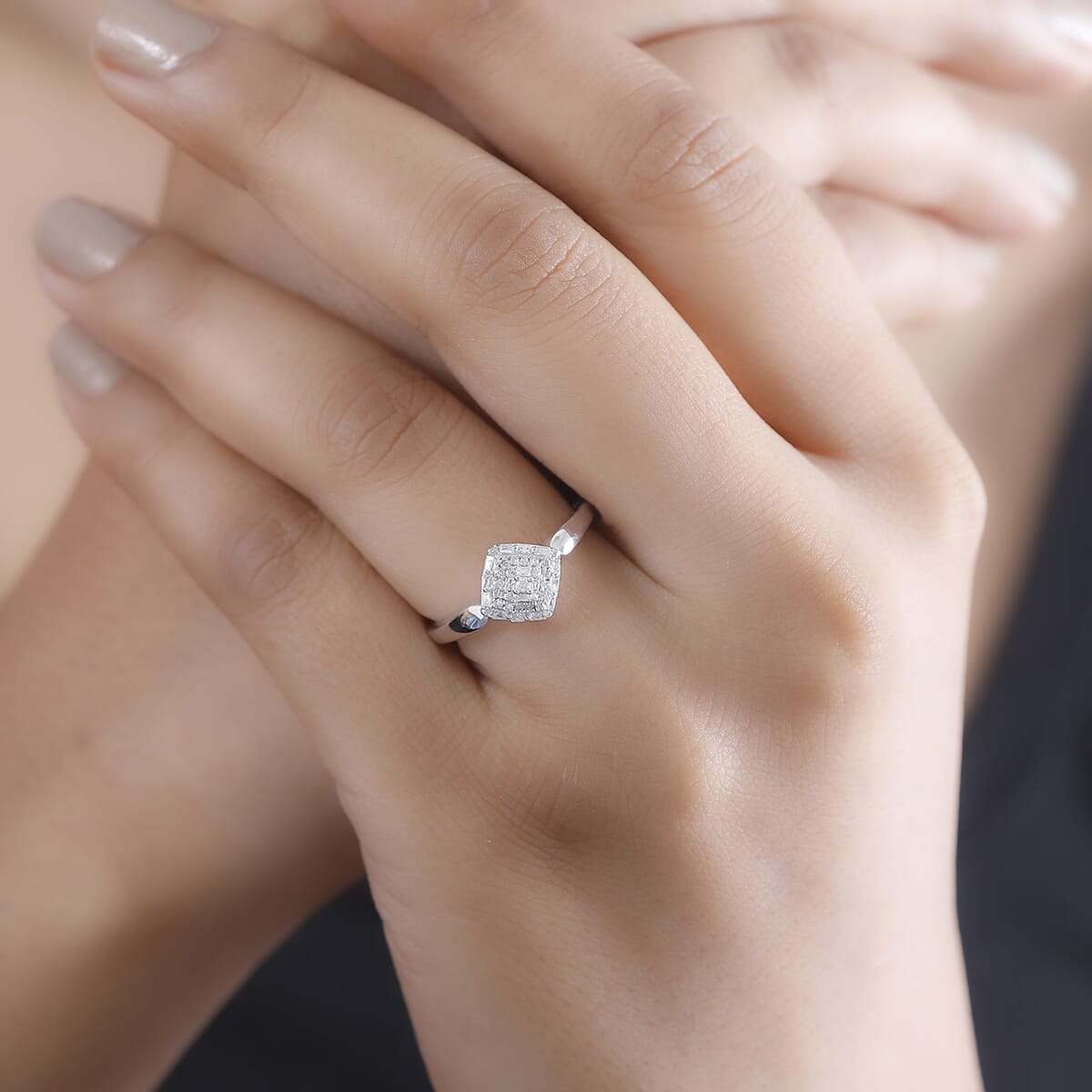 White Diamond 0.15 ctw Halo Cluster Ring in Rhodium Over Sterling Silver (Size 9.0) image number 2