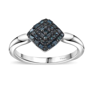 Blue Diamond 0.15 ctw Halo Cluster Ring in Rhodium Over Sterling Silver (Size 7.0)