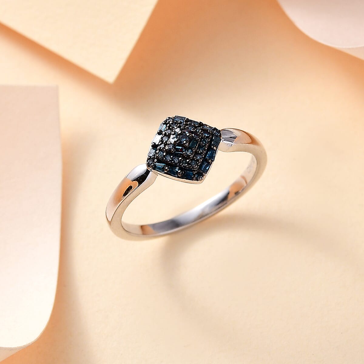 D'Joy Blue Diamond 0.15 ctw Halo Cluster Ring in Rhodium Over Sterling Silver (Size 8.0) image number 1