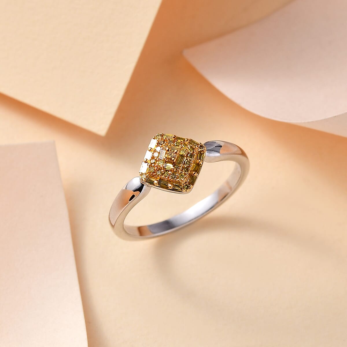 Yellow Diamond 0.15 ctw Halo Cluster Ring in Rhodium Over Sterling Silver (Size 7.0) image number 1