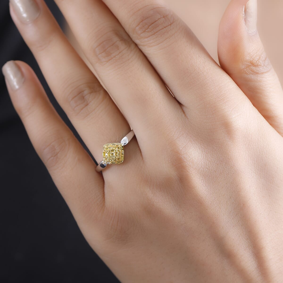 Yellow Diamond 0.15 ctw Halo Cluster Ring in Rhodium Over Sterling Silver (Size 7.0) image number 2