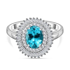 Lagoon Apatite and White Diamond 1.74 ctw Ring in Rhodium Over Sterling Silver (Size 10.0)
