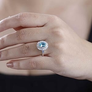 Lagoon Apatite and White Diamond 1.74 ctw Ring in Rhodium Over Sterling Silver (Size 10.0)