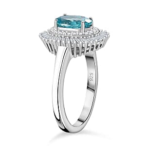 Lagoon Apatite and White Diamond 1.74 ctw Ring in Rhodium Over Sterling Silver (Size 10.0)