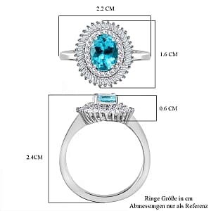 Lagoon Apatite and White Diamond 1.74 ctw Ring in Rhodium Over Sterling Silver (Size 10.0)