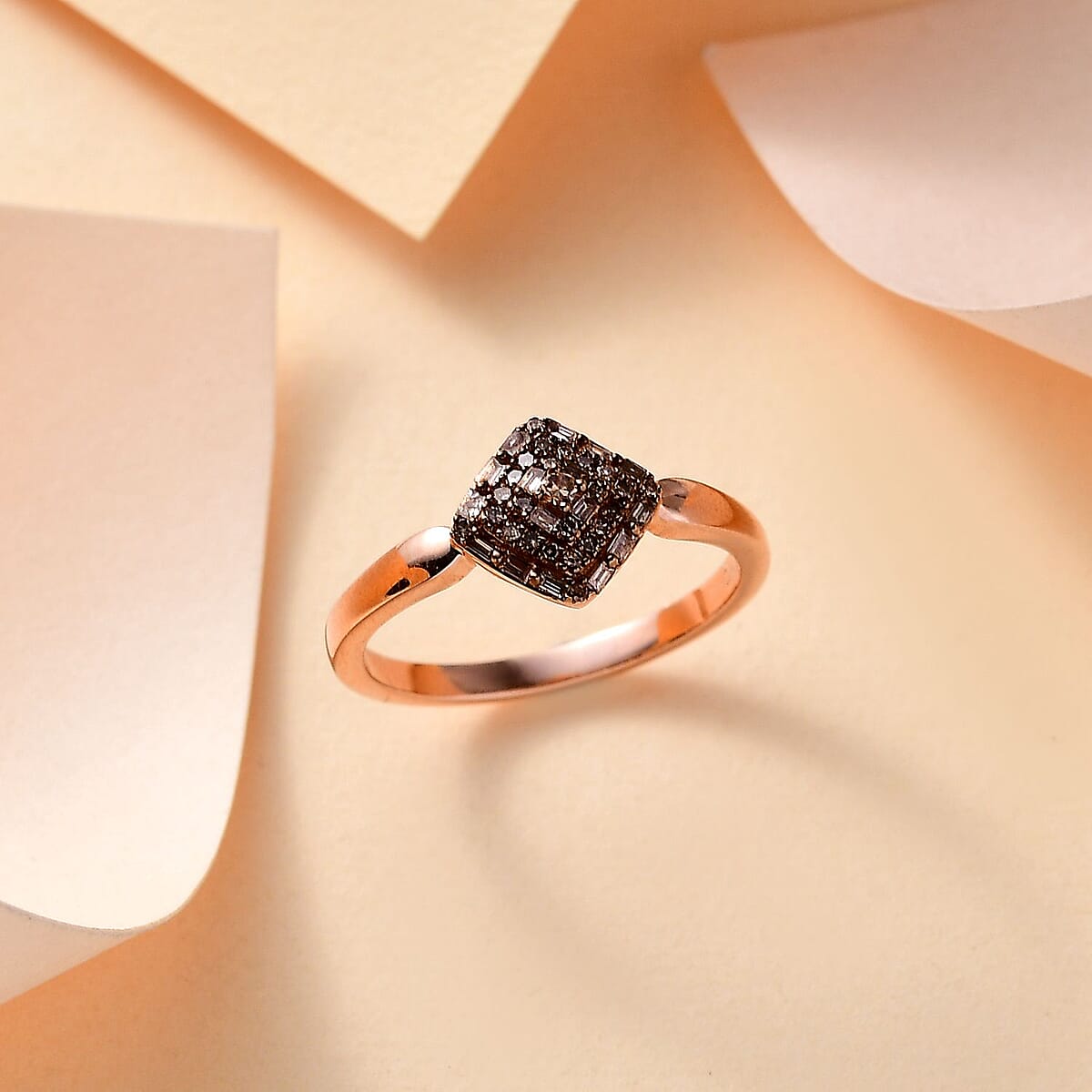 D'Joy Natural Champagne Diamond 0.15 ctw Halo Cluster Ring in 18K Vermeil Rose Gold Over Sterling Silver (Size 11.0) image number 1