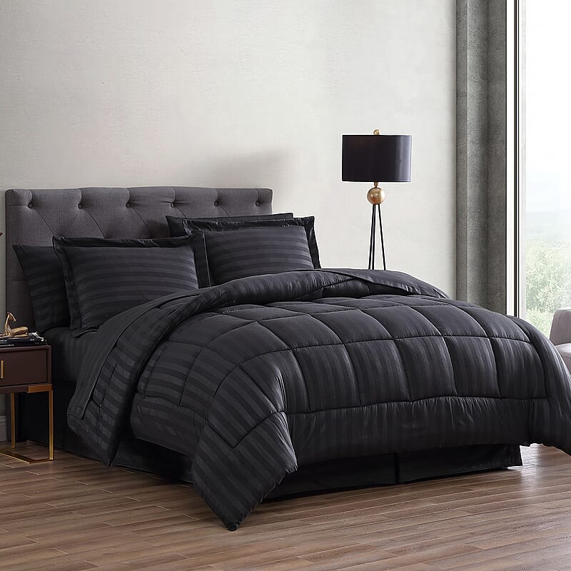The Nesting Company Maple Dobby Black Stripe 8pcs Bed Comforter Set in a Bag - Queen