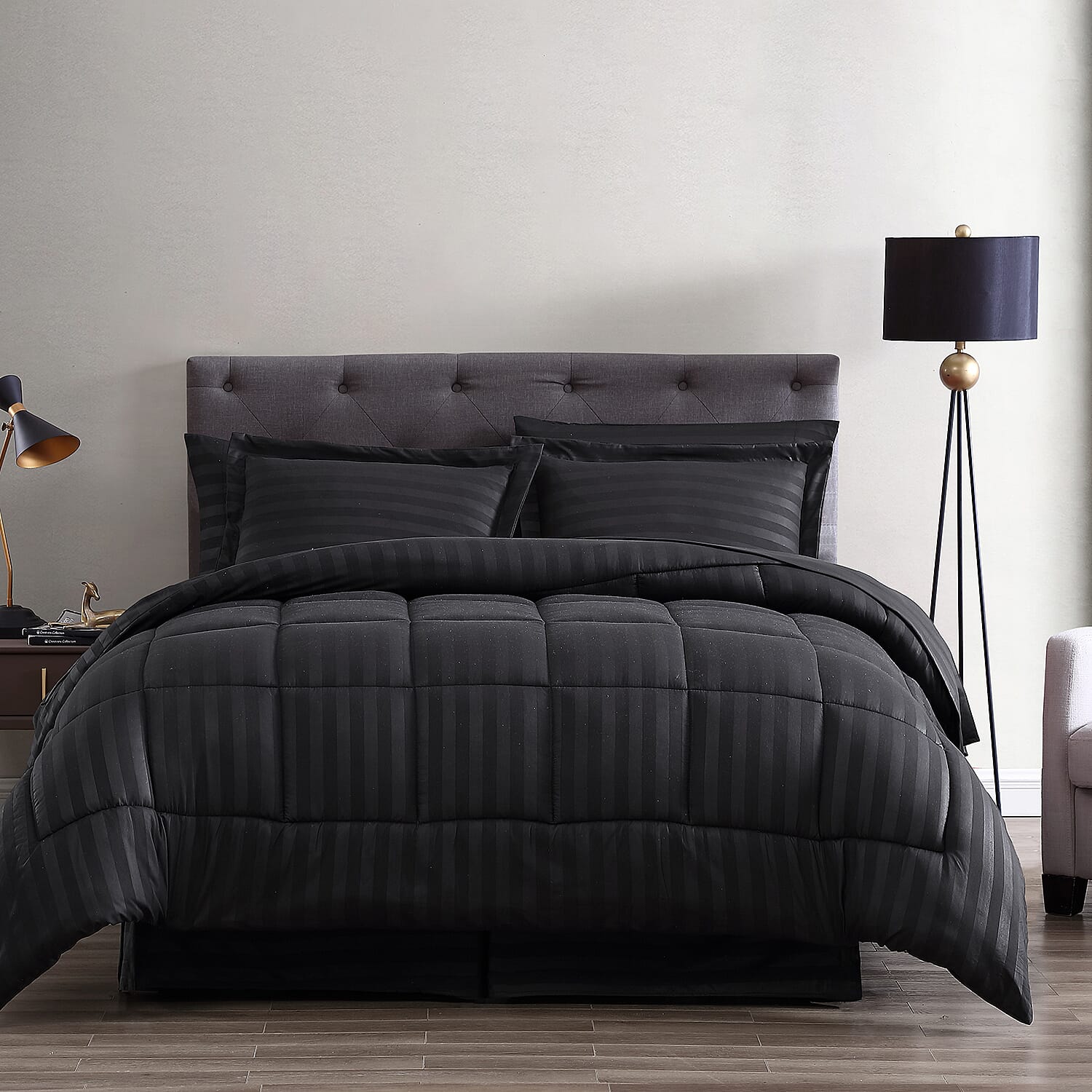 The Nesting Company Maple Dobby Black Stripe 8pcs Bed Comforter Set in a Bag - Queen
