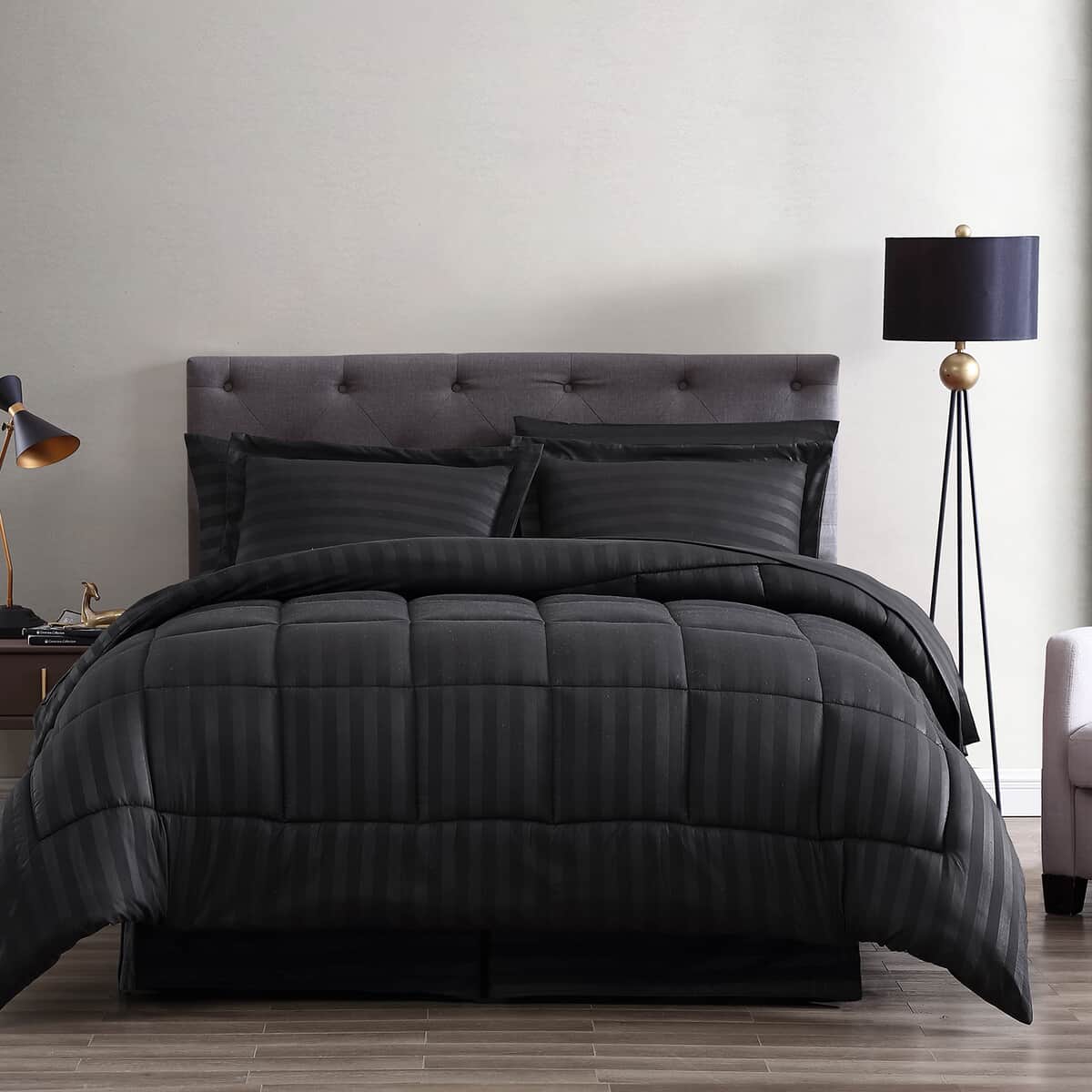 The Nesting Company Maple Dobby Black Stripe 8pcs Bed Comforter Set in a Bag - Queen image number 1