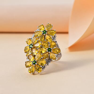 Tanzanian Canary Opal and Multi Gemstone 7.10 ctw Ring in Rhodium Over Sterling Silver
