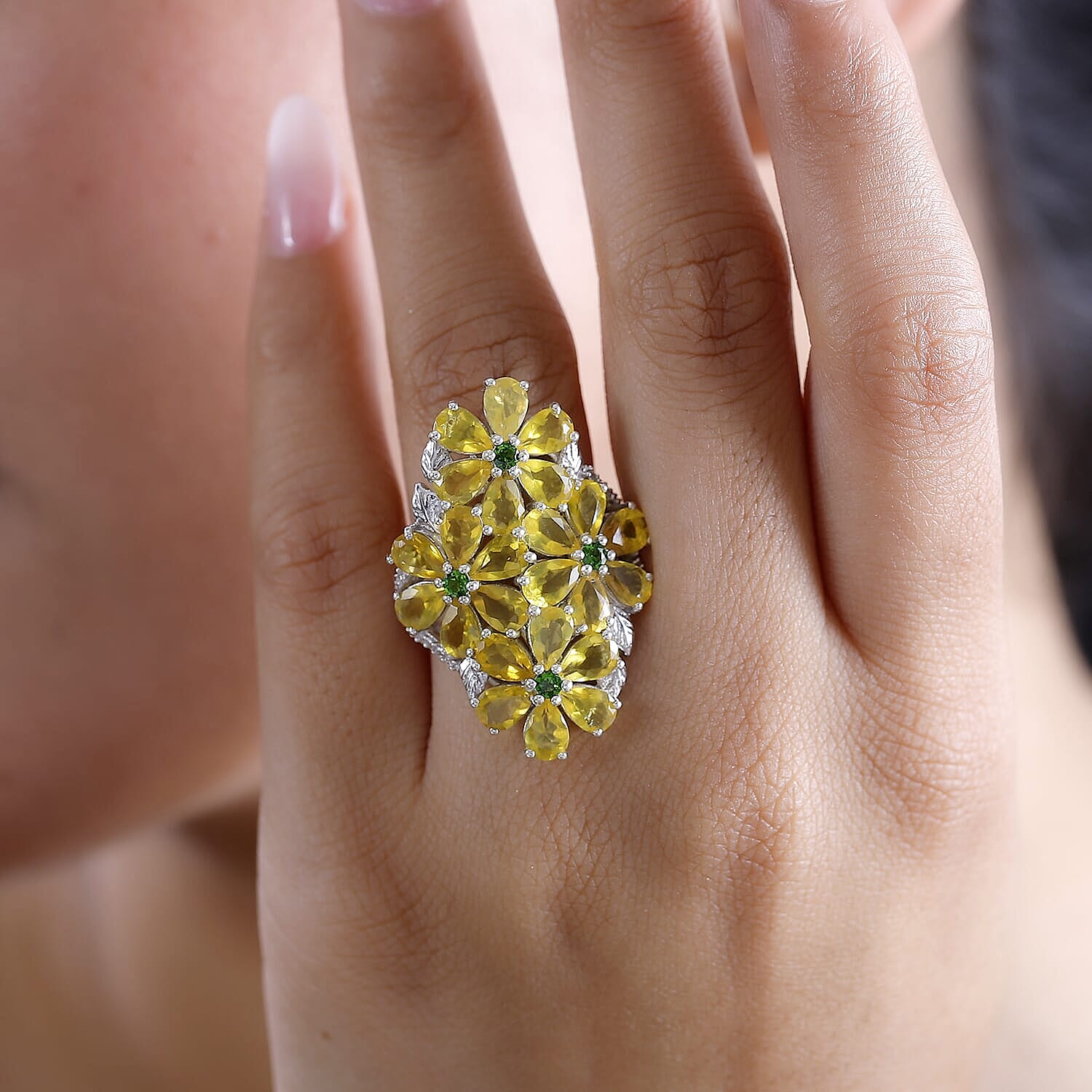 Tanzanian Canary Opal and Multi Gemstone 7.10 ctw Ring in Rhodium Over Sterling Silver