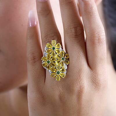 Tanzanian Canary Opal and Multi Gemstone 7.10 ctw Ring in Rhodium Over Sterling Silver